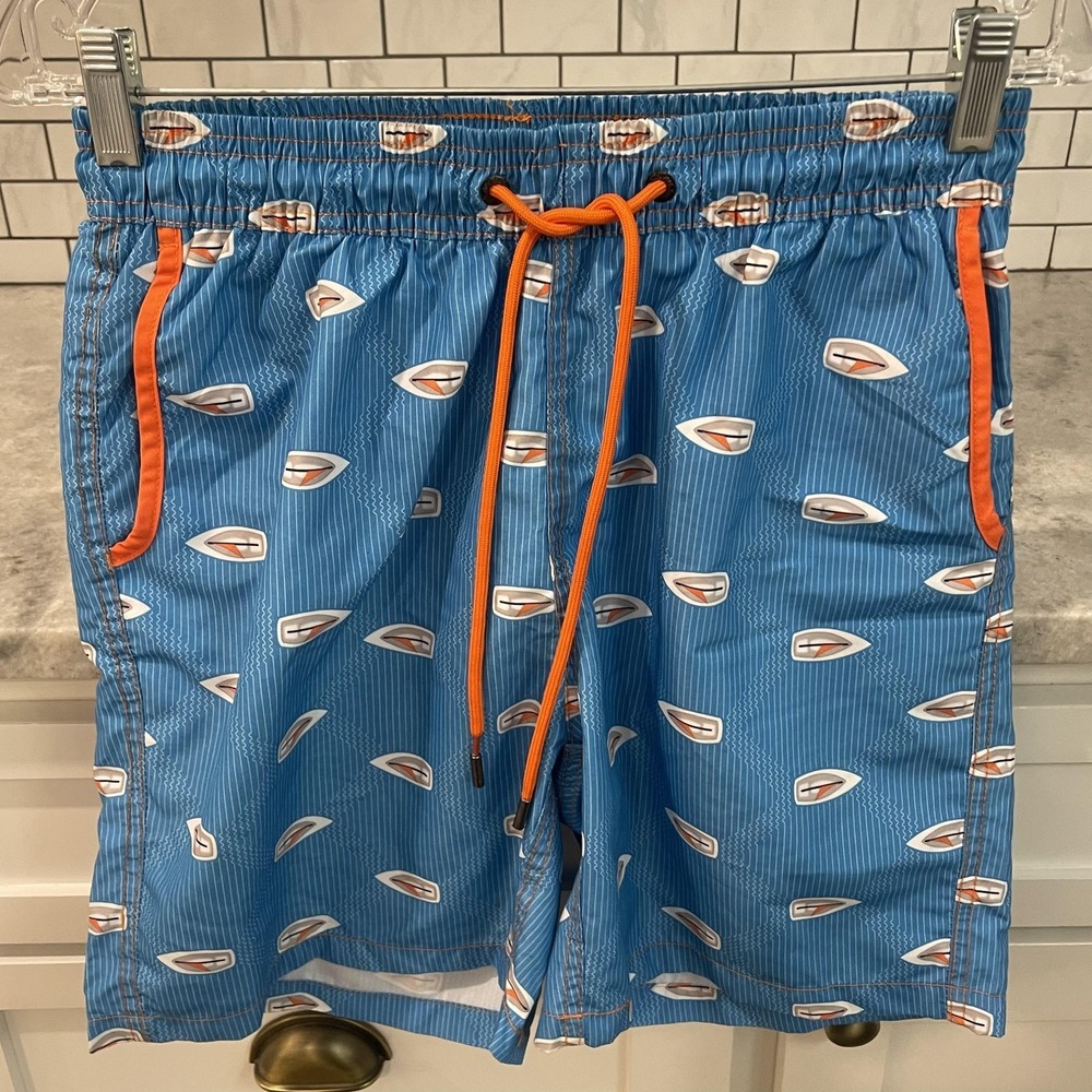 Mr. Swim Trunks Mens Medium Blue Sailboat Print Lined Pockets Nautical Beach
